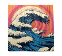 KLL Ukiyo-e Style Waves Decorative Water Proof Bathroom Curtain Set with Hook Polyester Cloth Washable Large Curtain Liner for Tub Fall Decor Halloween Decor 72x72 Inch