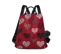 KLL Valentines Hearts With Striped Leopard Red Fashion laptop backpack women multipurpose large backpack for women for Daily College Shopping with Pom-pom keychain