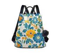 KLL Vibrant Floral Blue Orange Blooms Pattern Fashion anti theft backpack multipurpose backpack purses for women for Daily College Shopping with Pom-pom keychain