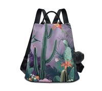 KLL Vintage Cactus Flower Birds Purple Background Fashion backpack for college multipurpose backpack for women waterproof for Daily College Shopping with Pom-pom keychain