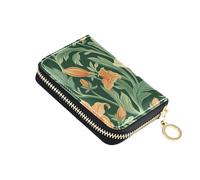 KLL Vintage Orange Lily Flower Green Leaves William Morris Style Leather Small Card Wallet with 9 Cards Slot RFID Blocking Credit Card Organizer with Zipper