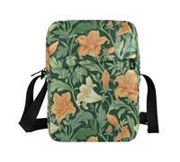 KLL Vintage Orange Lily Flower Green Leaves William Morris Style small messenger bag for men Vegan Leather Shoulder Crossover Bag Travel Shoulder Handbag For Travel