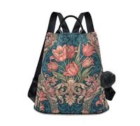 KLL Vintage Pink tulips William Morris Blue Fashion women laptop backpack casual lightweight backpack for women for Travel, Work, Everyday with Pom-pom keychain