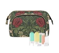 KLL Vintage Red Slovenia Carnation Green Makeup Bag Zipper Large Make Up Bag Makeup pouching Period for Cosmetic Travel