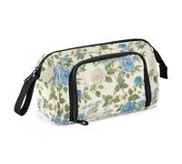 KLL Vintage Style Floral Pattern Blue Roses Pencil Case Organizer Large Capacity Bag with Compartment Lightweight for Boys Elementary