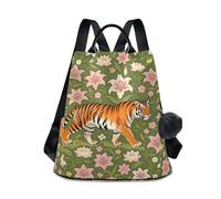 KLL Vintage Tigers Pink Lily Flowers Fashion girls backpack multipurpose work backpack for women for Travel, Work, Everyday with Pom-pom keychain
