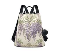 KLL Vintage Wisteria Purple Flower Fashion middle school backpacks multipurpose travel backpack for women for Daily College Shopping with Pom-pom keychain