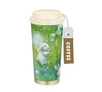 KLL White Bunny Blowing Bubbles Stainless Steel Travel Coffee Tumblers For Women With Lid designed Coffee Insulated Cup For Hot Cold Drinks 17 oz Leakproof