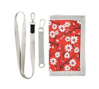 KLL White Floral on Red Trifold Clip Wallet for Men for Womens pop Casual Wallets for Men with Lanyard