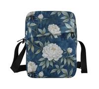 KLL White Peonies on A Dark Blue Background small messenger bag for men Vegan Leather over the shoulder bags for men Travel Shoulder Handbags