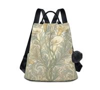 KLL William Morris Callaway Lily Pattern Fashion carry on backpack trendy backpack for women college for Travel, Work, Everyday with Pom-pom keychain