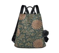 KLL William Morris Dahlia Pattern Fashion backpack for travel multipurpose laptop backpack for women for Travel, Work, Everyday with Pom-pom keychain
