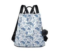 KLL William Morris Vintage Blue And White Floral Fashion pink backpack multipurpose work backpack for women for Daily College Shopping with Pom-pom keychain