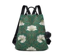KLL William Morris White Flowers Pattern Fashion backpack for girls multipurpose laptop backpacks for women for Daily College Shopping with Pom-pom keychain