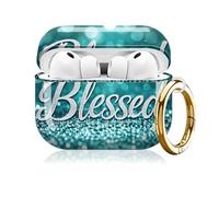 KLLRO RUO Case Compatible with AirPod Pro 3 Generation,Cute Full Protection Hard Cover with Keychain for Women Girl,Shockproof Case for Airpod Pro 3rd Gen 2025(Blessed Glitter Teal Light)