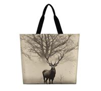KLLTYHMU Abstract Tree Elk Picture Tote Bag Large Women Casual Shoulder Bag Reusable Grocery Bag Fasion Handbag for Office Shopping Travel