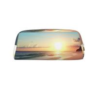 KLLTYHMU Beach Sunset Tranquil Leather Pencil Case Cute Zipper Pencil Pouch Pen Bag Multifunctional Travel Makeup Cosmetic Bag Key Pouch For Women Men Work Office, Gold, One Size
