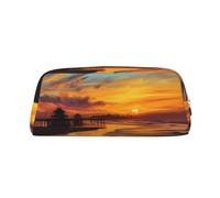 KLLTYHMU Blue Dusk Gold Sunset Leather Pencil Case Cute Zipper Pencil Pouch Pen Bag Multifunctional Travel Makeup Cosmetic Bag Key Pouch For Women Men Work Office