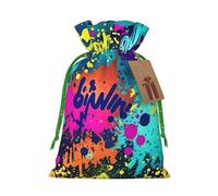 KLLTYHMU Christmas Drawstring Gift Bags Colorful Spray Pattern Reusable Christmas Wrapping Bag W/Tags Xmas Treat Pouch Goody Bags Candy Treat Bag For Xmas Holiday Presents Party Favor 8.3x11.8 Inch