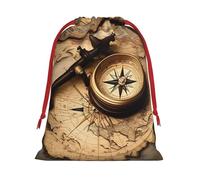 KLLTYHMU Christmas Drawstring Gift Bags Compass And Old World Map Christmas h Goody Sweet Treat Candy Bags (Large Medium Small)