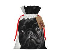 KLLTYHMU Christmas Drawstring Gift Bags Cute Black Pug Dog Reusable Christmas Wrapping Bag W/Tags Xmas Treat Pouch Goody Bags Candy Treat Bag For Xmas Holiday Presents Party Favor 8.3x11.8 Inch