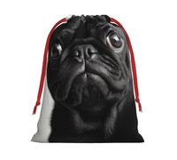 KLLTYHMU Christmas Drawstring Gift Bags Cute Black Pug Dog Xmas Wrapping Bags Christmas Party Favor Pouch Goody Sweet Treat Candy Bags (Large Medium Small)