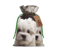KLLTYHMU Christmas Drawstring Gift Bags Cute Maltese Puppy Reusable Christmas Wrapping Bag W/Tags Xmas Treat Pouch Goody Bags Candy Treat Bag For Xmas Holiday Presents Party Favor 8.3x11.8 Inch
