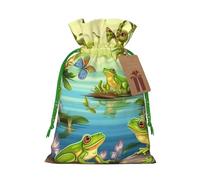 KLLTYHMU Christmas Drawstring Gift Bags Frogs Sing Reusable Christmas Wrapping Bag W/Tags Xmas Treat Pouch Goody Bags Candy Treat Bag For Xmas Holiday Presents Party Favor 8.3x11.8 Inch