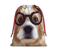 KLLTYHMU Christmas Drawstring Gift Bags Funny Dog GlassesXmas Wrapping Bag Christmas Party Favor Pouch Goody Sweet Treat Candy Bag (Large Medium Small)