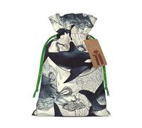 KLLTYHMU Christmas Drawstring Gift Bags Killer Whale Reusable Christmas Wrapping Bag W/Tags Xmas Treat Pouch Goody Bags Candy Treat Bag For Xmas Holiday Presents Party Favor 4.7x6.9 Inch