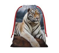 KLLTYHMU Christmas Drawstring Gift Bags Majestic Tiger Resting On A Rock With Cloudy SkyXmas Wrapping Bag Christmas Party Favor Pouch Goody Sweet Treat Candy Bag (Large Medium Small)