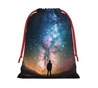 KLLTYHMU Christmas Drawstring Gift Bags Man Looking Up Universe Night SkyXmas Wrapping Bag Christmas Party Favor Pouch Goody Sweet Treat Candy Bag (Large Medium Small)