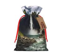 KLLTYHMU Christmas Drawstring Gift Bags Mountain And Waterfall Reusable Christmas Wrapping Bag W/Tags Xmas Treat Pouch Goody Bags Candy Treat Bag For Xmas Holiday Presents Party Favor 4.7x6.9 Inch