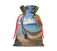 KLLTYHMU Christmas Drawstring Gift Bags Paradise Beach Palm Trees Reusable Christmas Wrapping Bag W/Tags Xmas Treat Pouch Goody Bags Candy Treat Bag For Xmas Holiday Presents Party Favor 4.7x6.9 Inch