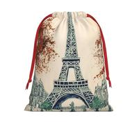 KLLTYHMU Christmas Drawstring Gift Bags Paris City Tree Eiffel Tower Art Xmas Wrapping Bags Christmas Party Favor Pouch Goody Sweet Treat Candy Bags (Large Medium Small)