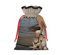 KLLTYHMU Christmas Drawstring Gift Bags Seashells On Wooden Board Reusable Christmas Wrapping Bag W/Tags Xmas Treat Pouch Goody Bags Candy Treat Bag For Xmas Holiday Presents Party Favor 4.7x6.9 Inch