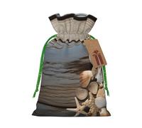KLLTYHMU Christmas Drawstring Gift Bags Seashells On Wooden Board Reusable Christmas Wrapping Bag W/Tags Xmas Treat Pouch Goody Bags Candy Treat Bag For Xmas Holiday Presents Party Favor 4.7x6.9 Inch