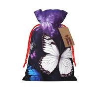 KLLTYHMU Christmas Drawstring Gift Bags White Purple Butterflies Reusable Christmas Wrapping Bag W/Tags Xmas Treat Pouch Goody Bags Candy Treat Bag For Xmas Holiday Presents Party Favor 4.7x6.9 Inch