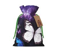 KLLTYHMU Christmas Drawstring Gift Bags White Purple Butterflies Reusable Christmas Wrapping Bag W/Tags Xmas Treat Pouch Goody Bags Candy Treat Bag For Xmas Holiday Presents Party Favor 4.7x6.9 Inch