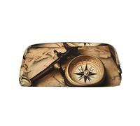 KLLTYHMU Compass And Old World Map Leather Pencil Case Cute Zipper Pencil Pouch Pen Bag Multifunctional Travel Makeup Cosmetic Bag Key Pouch For Women Men Work Office