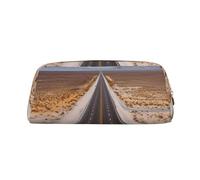 KLLTYHMU Freeway Highway Road In The Desert Leather Pencil Case Cute Zipper Pencil Pouch Pen Bag Multifunctional Travel Makeup Cosmetic Bag Key Pouch For Women Men Work Office, Gold, One Size
