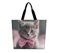 KLLTYHMU Gray Cat with Bow Tote Bag Large Women Casual Shoulder Bag Reusable Grocery Bag Fasion Handbag for Office Shopping Travel