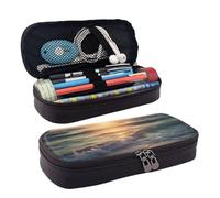 KLLTYHMU Leather Pencil Case Organizer Big Capacity Pencil Pouch Storage Bag With Compartments Cute Pencil Bag Beach Sunset Pen Box Portable Cosmetic Makeup Bag Organizer