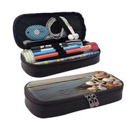 KLLTYHMU Leather Pencil Case Organizer Big Capacity Pencil Pouch Storage Bag With Compartments Cute Pencil Bag Seashells On Wooden Board Pen Box Portable Cosmetic Makeup Bag Organizer