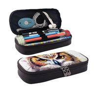 KLLTYHMU Leather Pencil Case Organizer Big Capacity Pencil Pouch Storage Bag With Compartments Cute Pencil Bag Watercolor Cool Owl Head Pen Box Portable Cosmetic Makeup Bag Organizer