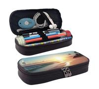 KLLTYHMU Leather Pencil Case Organizer Big Capacity Pencil Pouch Storage Bag With Compartments Cute Pencil Bag Beach Sunset Tranquil Pen Box Portable Cosmetic Makeup Bag Organizer
