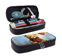 KLLTYHMU Leather Pencil Case Organizer Big Capacity Pencil Pouch Storage Bag With Compartments Cute Pencil Bag Miss You Bear Pen Box Portable Cosmetic Makeup Bag Organizer