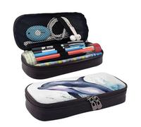 KLLTYHMU Leather Pencil Case Organizer Big Capacity Pencil Pouch Storage Bag With Compartments Cute Pencil Bag Watercolor Dolphin In The Sea Pen Box Portable Cosmetic Makeup Bag Organizer