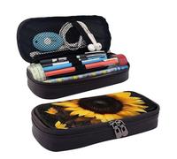 KLLTYHMU Leather Pencil Case Organizer Big Capacity Pencil Pouch Storage Bag With Compartments Cute Pencil Bag Sunflower On Black Background Pen Box Portable Cosmetic Makeup Bag Organizer
