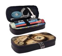 KLLTYHMU Leather Pencil Case Organizer Big Capacity Pencil Pouch Storage Bag With Compartments Cute Pencil Bag Compass And Old World Map Pen Box Portable Cosmetic Makeup Bag Organizer